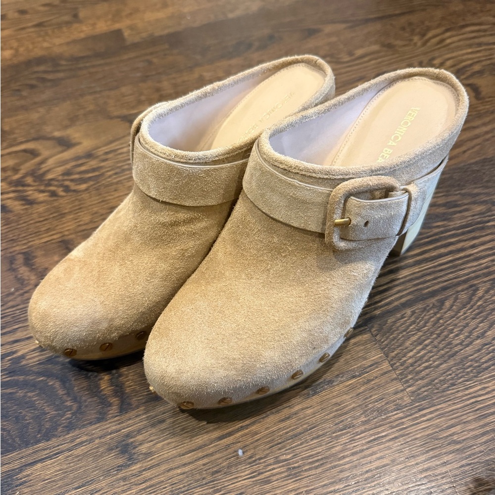 Veronica Beard Tan Suede Clogs with Buckle